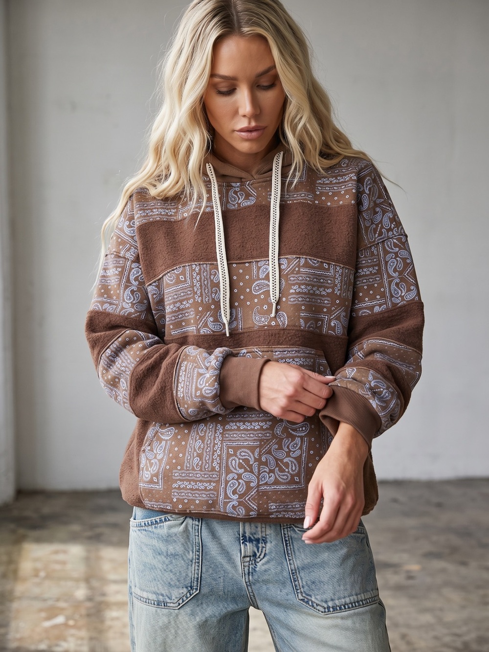 NWT Easel Bandana Print Boho Paisley Washed Hooded Pullover Hoodie Sweatshirt